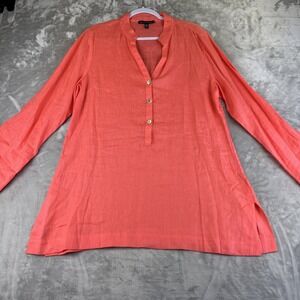 Saks Fifth Avenue 100% Linen Tunic Top Women's XL Coral Pink Button Front (1292)